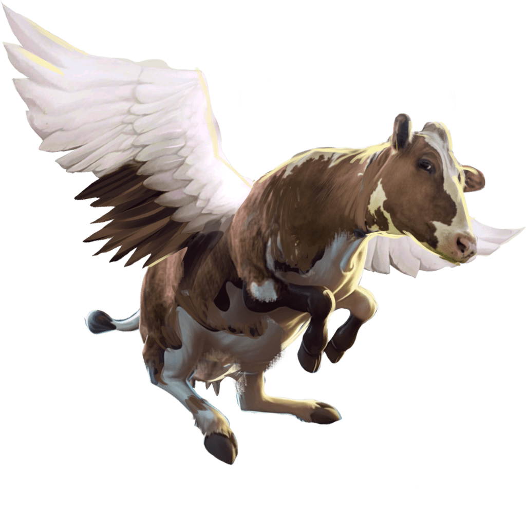 Green — a flying cow